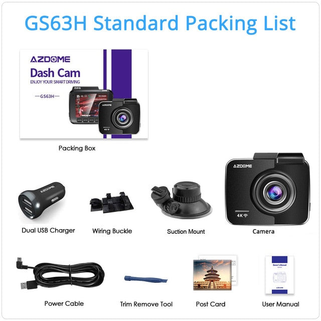 AZDOME GS63H Dash Cam Dual Lens 4K UHD Recording Car Camera DVR Night Vision WDR Built-In GPS Wi-Fi G-Sensor Motion Detection